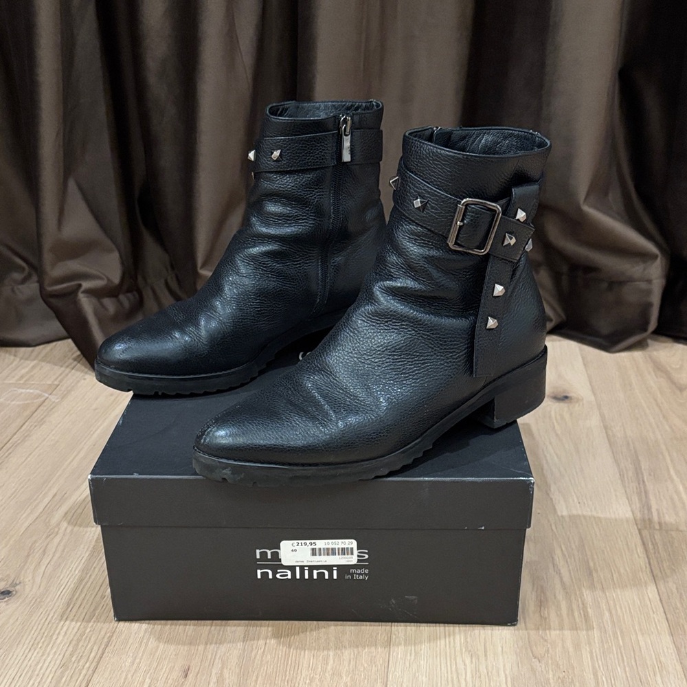 Black Leather Ankle Boots with Stud Accents